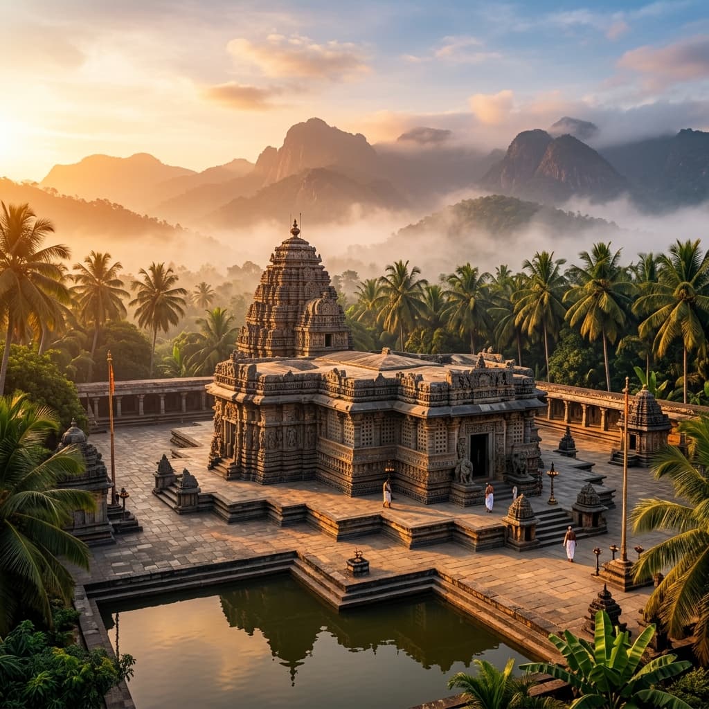Ancient Karnataka temple at sunrise with Hoysala architecture