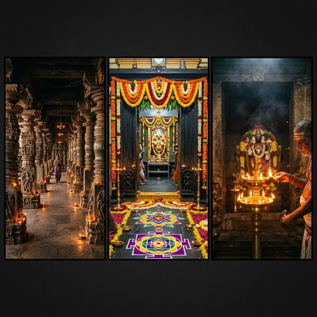 Beautiful temple corridor with carved pillars and oil lamps